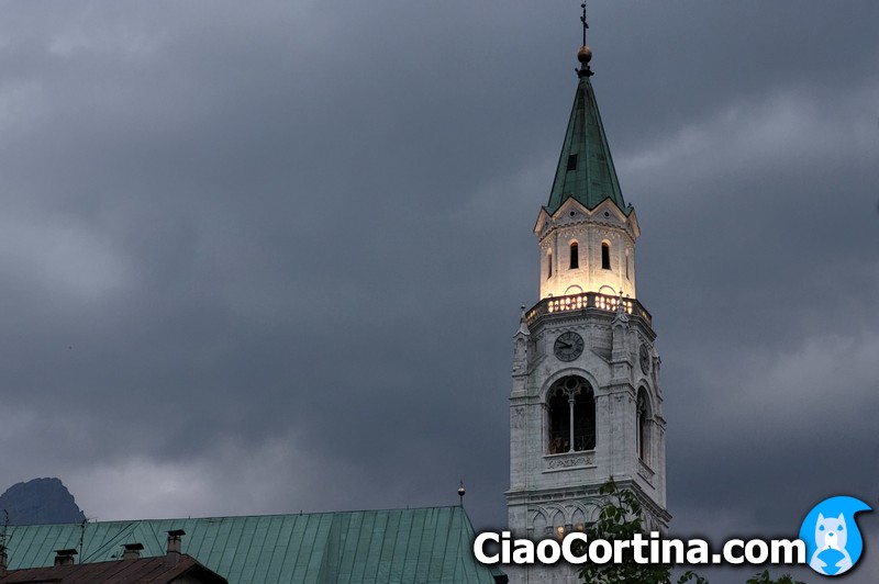Cortina's bell tower photographed at night