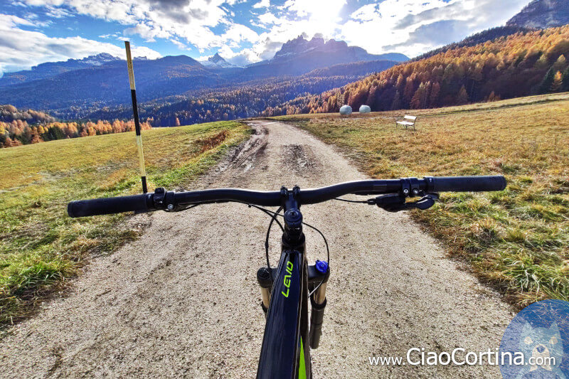 An electric mountain bike leaning against a poleo