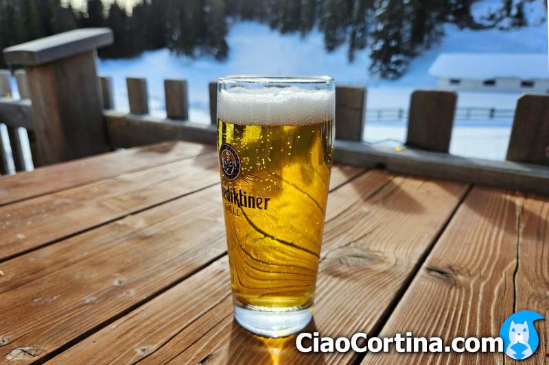 A beer and a Radler in a mountain lodge of Cortina