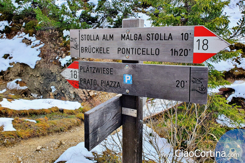 Wooden sign towards Malga Stolla