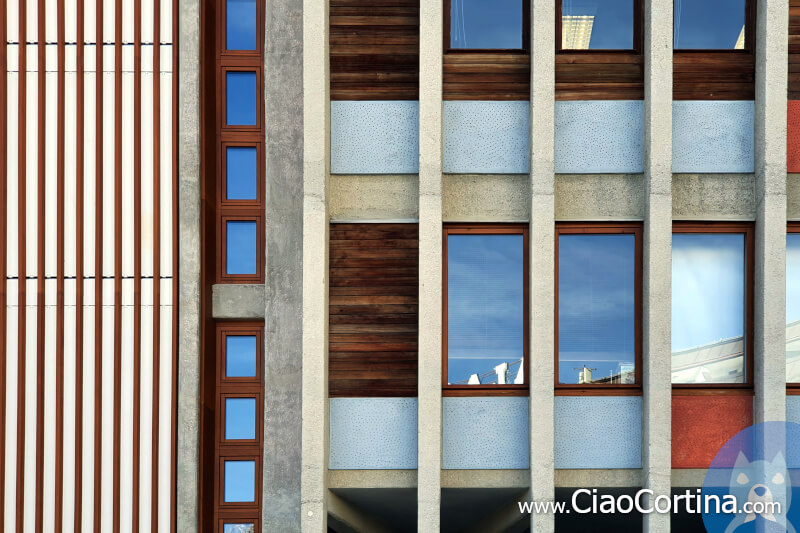 Detail of the painted panels of the post office building in Cortina